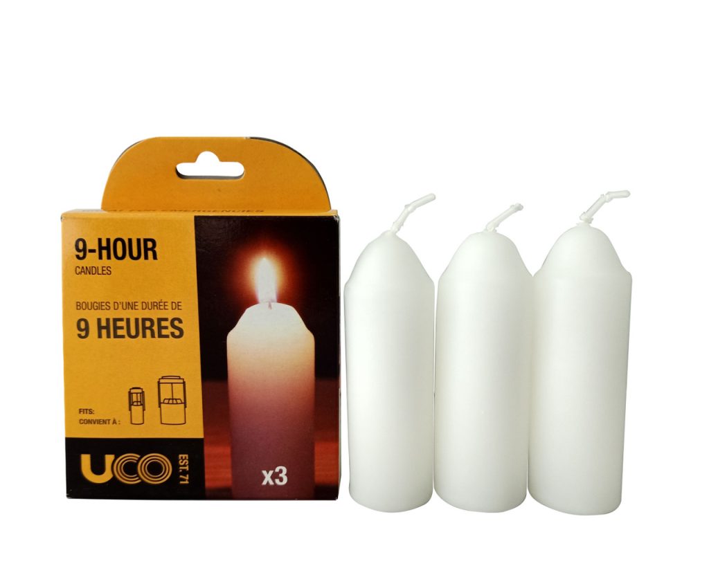 A pack of three 9-hour white emergency candles with packaging displaying the brand and burn time.